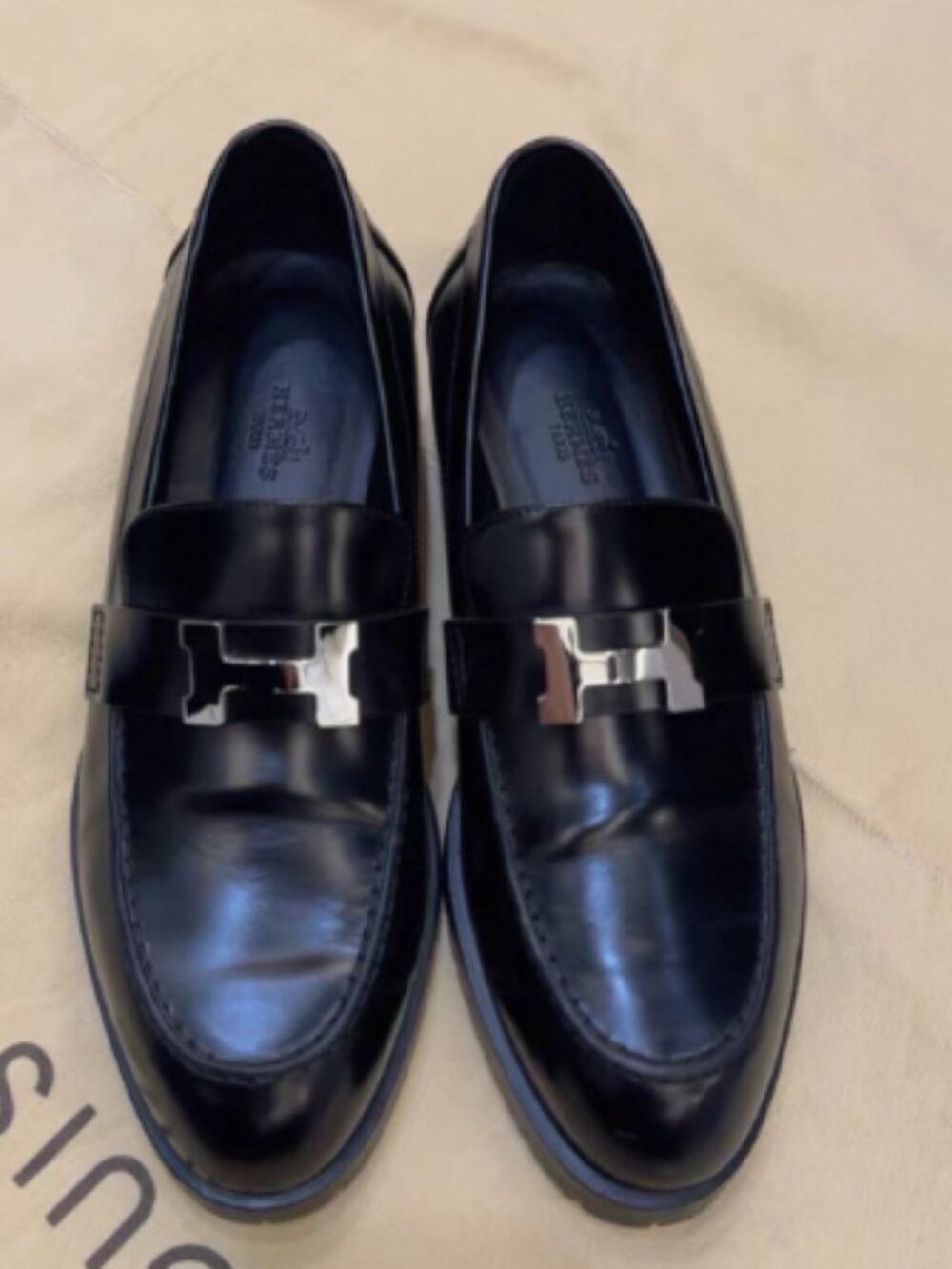 Hermès Black Leather H Logo Loafers